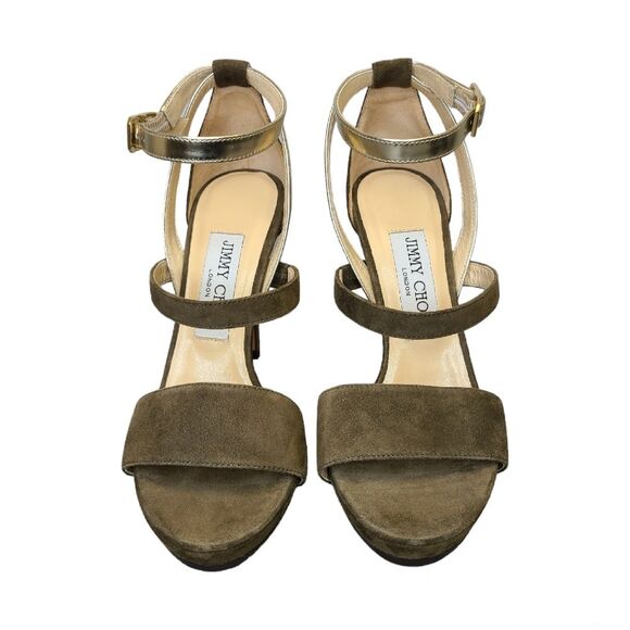 Jimmy Choo Green Suede Sandals Strappy Metallic Ankle Strap Platform Heels 36.5 - Picture 8 of 16